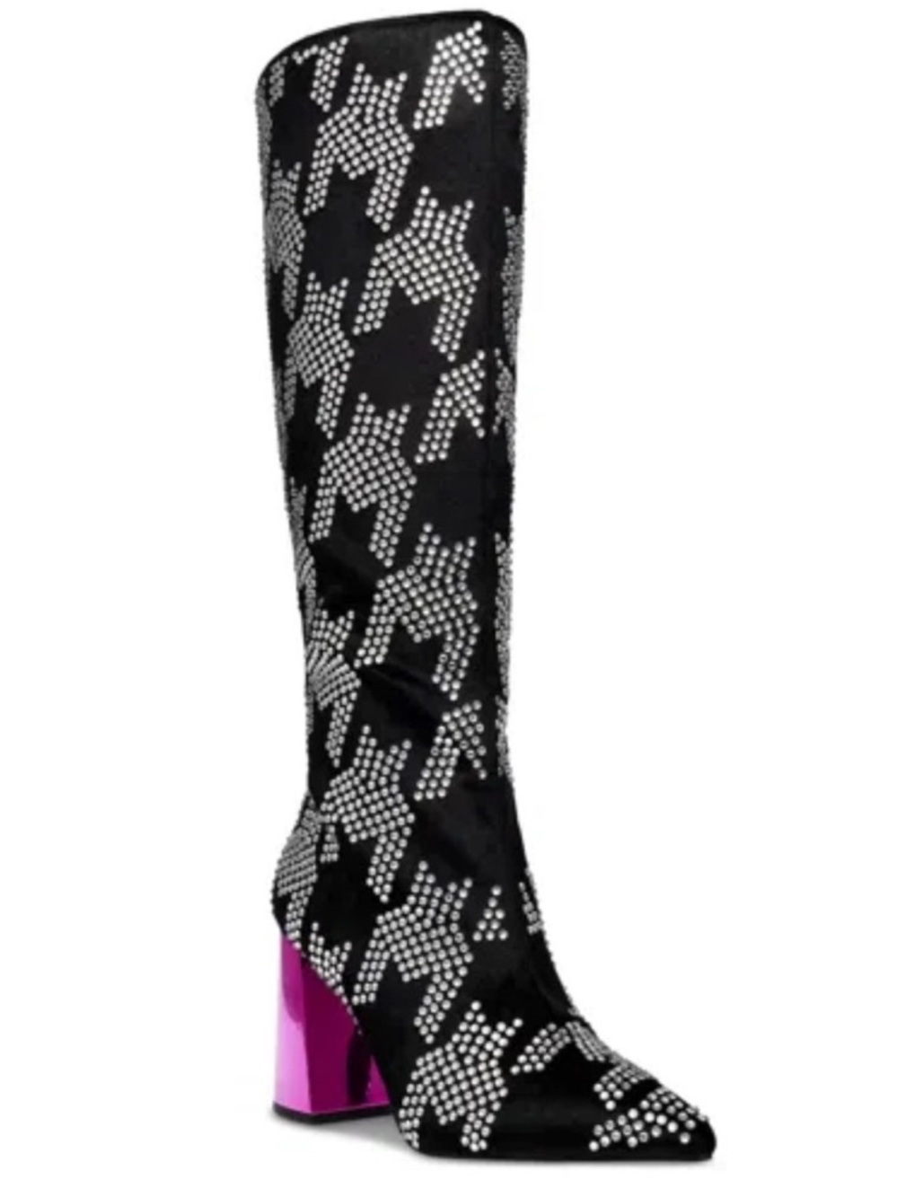 Betsey Johnson Naomy Rhinestone Houndstooth pink block heelTall Boots 6 NWOT - Picture 2 of 14